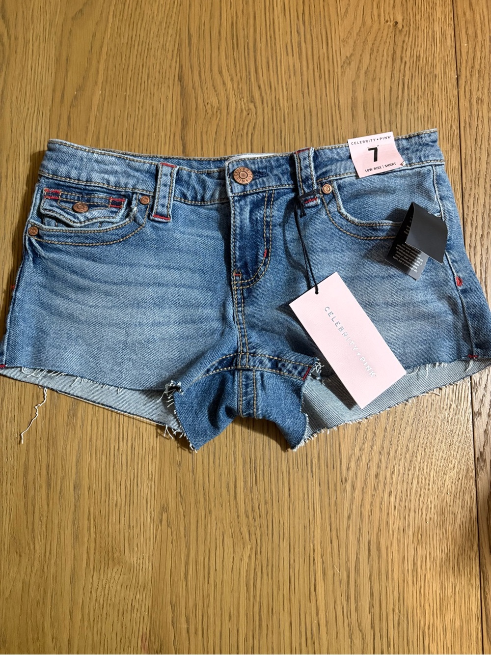 Celebrity Pink Light Blue Distressed Denim Cutoff Shorts